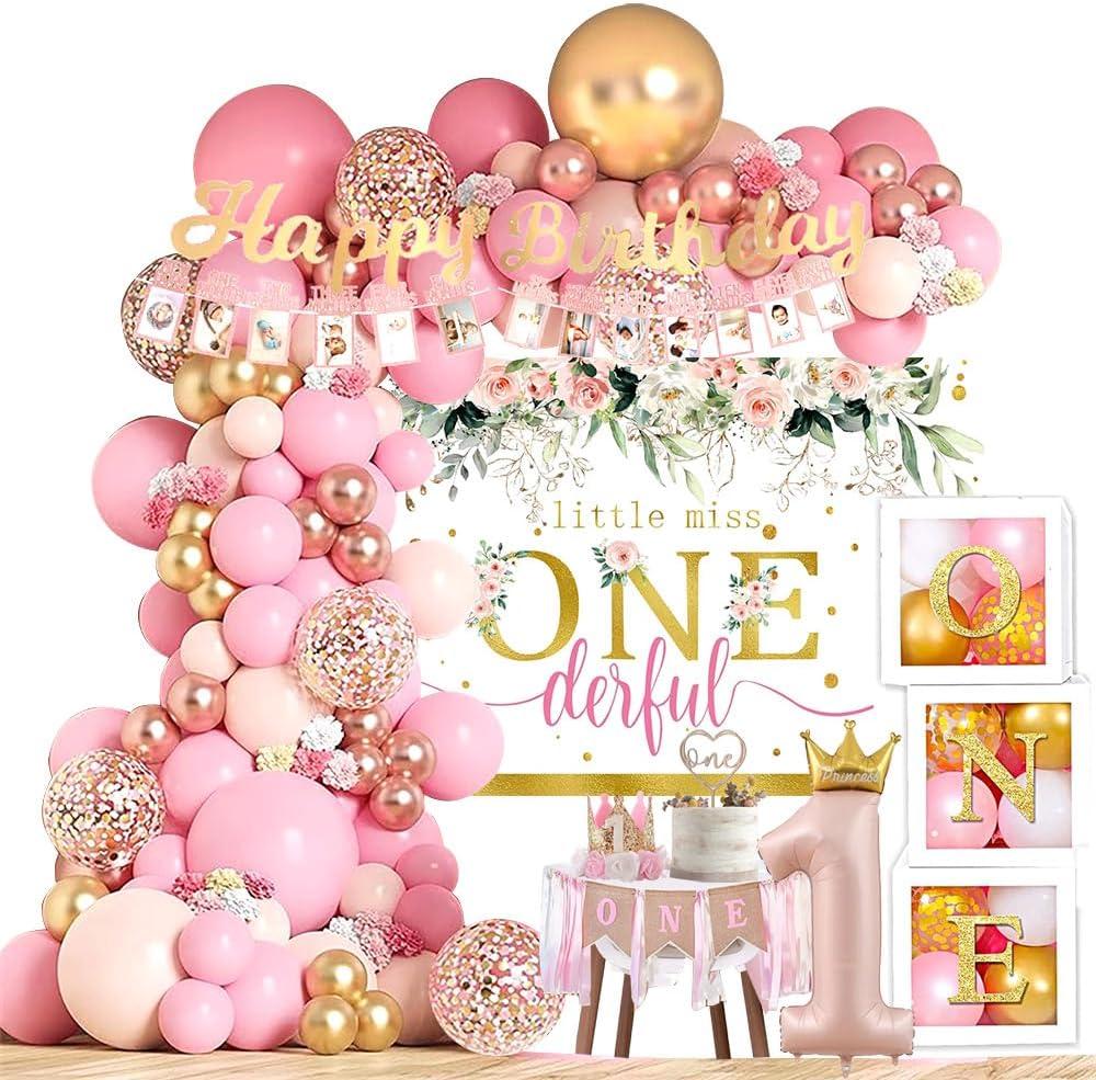 Baby Girl 1st Birthday Decorations Supplies - Balloon Boxes, Pink Gold Balloons Garland Arch KitParty Backdrop, High Chair Banner, Crown, Photo Banner