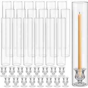 Teenyyou 24 Set Clear Hurricane Glass Candle Holders Candlestick Bulk 11.8"