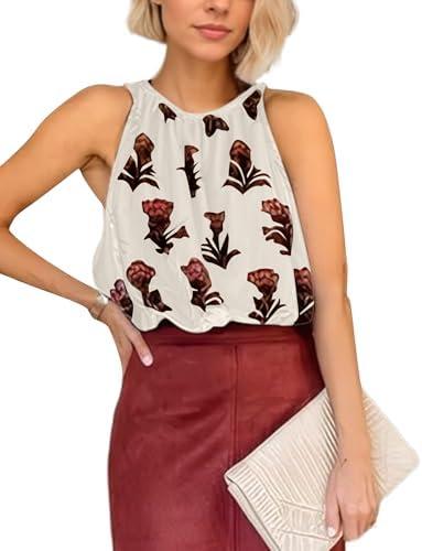 HOCANDY Womens Velvet Bubble Tank Top Floral Velvet Crop Tank Tops Crew Neck Racerback Sleeveless Flower Printed Cropped Top Apricot , Size Small