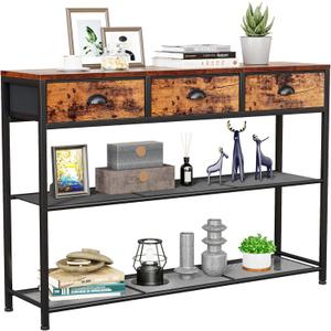Furologee Entryway Table, 38'' Console Sofa Table with 3 Fabric Drawers, Industrial Entry Way Table with Storage Shelves, Display Shelf for Living Room, Hallway, Entrance, Foyer, Rustic Brown
