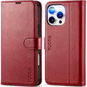 TUCCH Case Wallet for iPhone 16 Pro Max, RFID Blocking PU Leather Kickstand Flip Cover with 4 Card Slots [TPU Protective Interior Case], Magnetic Folio Compatible with iPhone 16 Pro Max, Dark Red