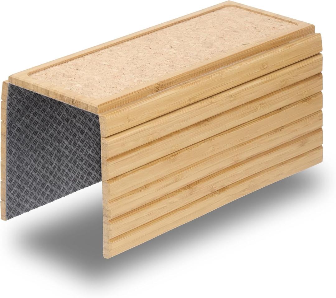 Sofa Arm Tray with Grained Cork Pad, Natural Bamboo Finish, Enhanced Non-Slip Bottom, Sturdy Bamboo Slats, Fits Armrests 4.6" and Wider
