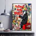 Tanmart Banksy Canvas Wall Art Monkey Follow Your Dreams Street Graffiti Wall Art Banksy Prints Gorilla Poster Monkey Artwork Graffiti Pictures Painting for Home Living Room Decor 16x24 Inch Unframed
