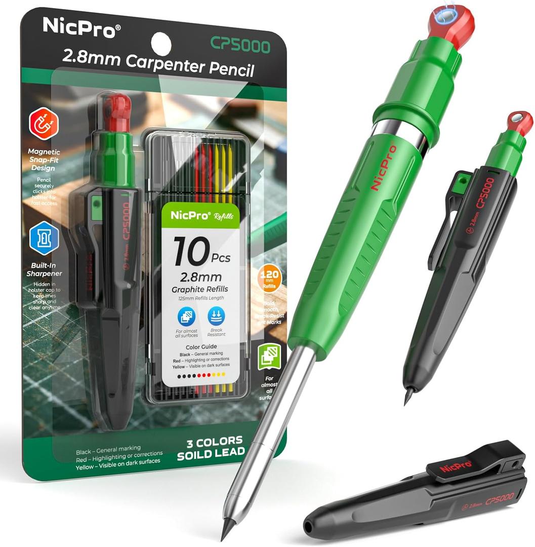 Nicpro 7-in-1 CP5000 Magnetic Carpenter Pencils with Sharpener, 2.8mm Construction Mechanical Pencil+10 Refill, Deep Hole Marker for Construction, Woodworking Pencil, Carpenter Tools for Marking