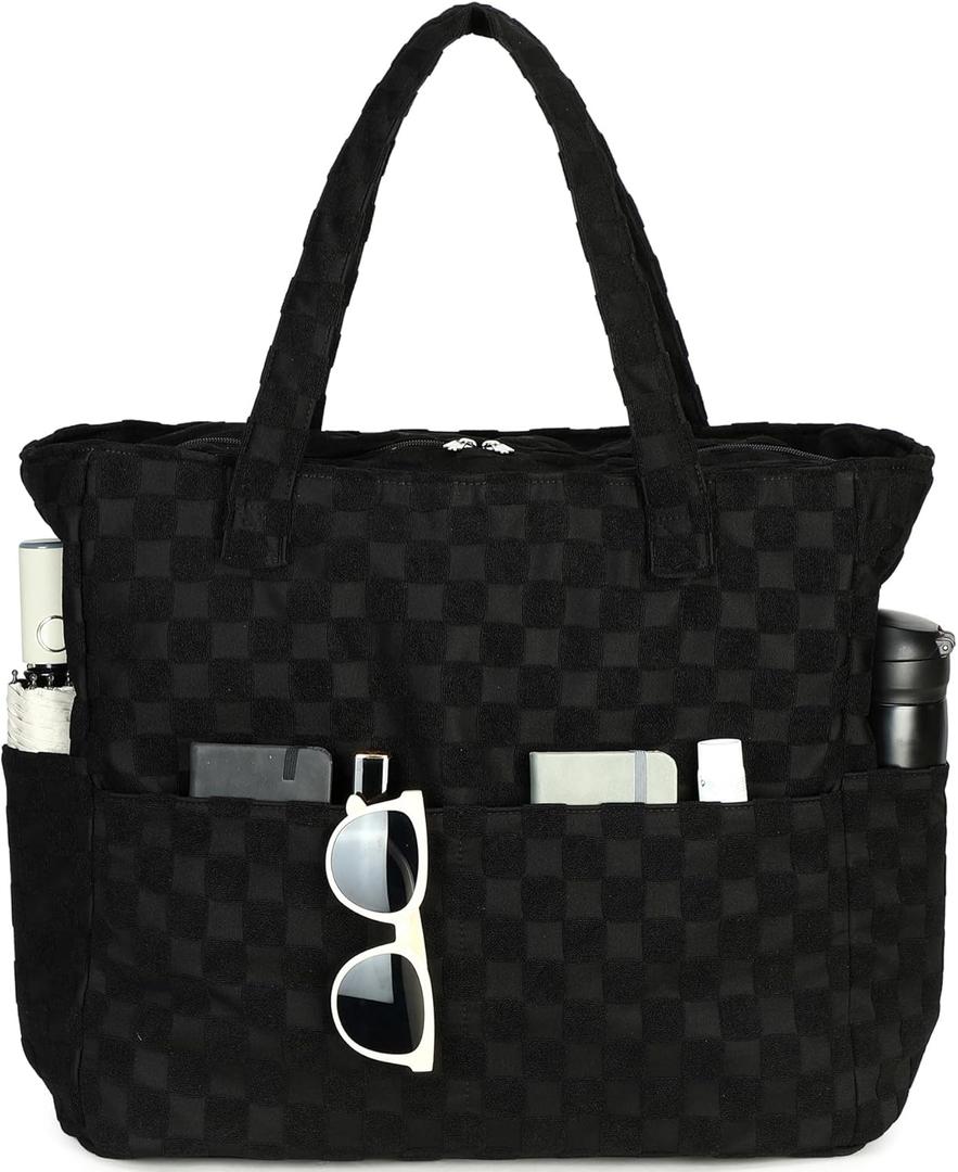 LEDAOU Large Beach Bag Women Waterproof Sandproof Zipper Beach Tote Pool Bag for Swim Gym Grocery Travel with Wet Pocket | Waterproof, Sandproof, Zipper, Pool, Gym, Grocery (1 Piece - Black Checkered)