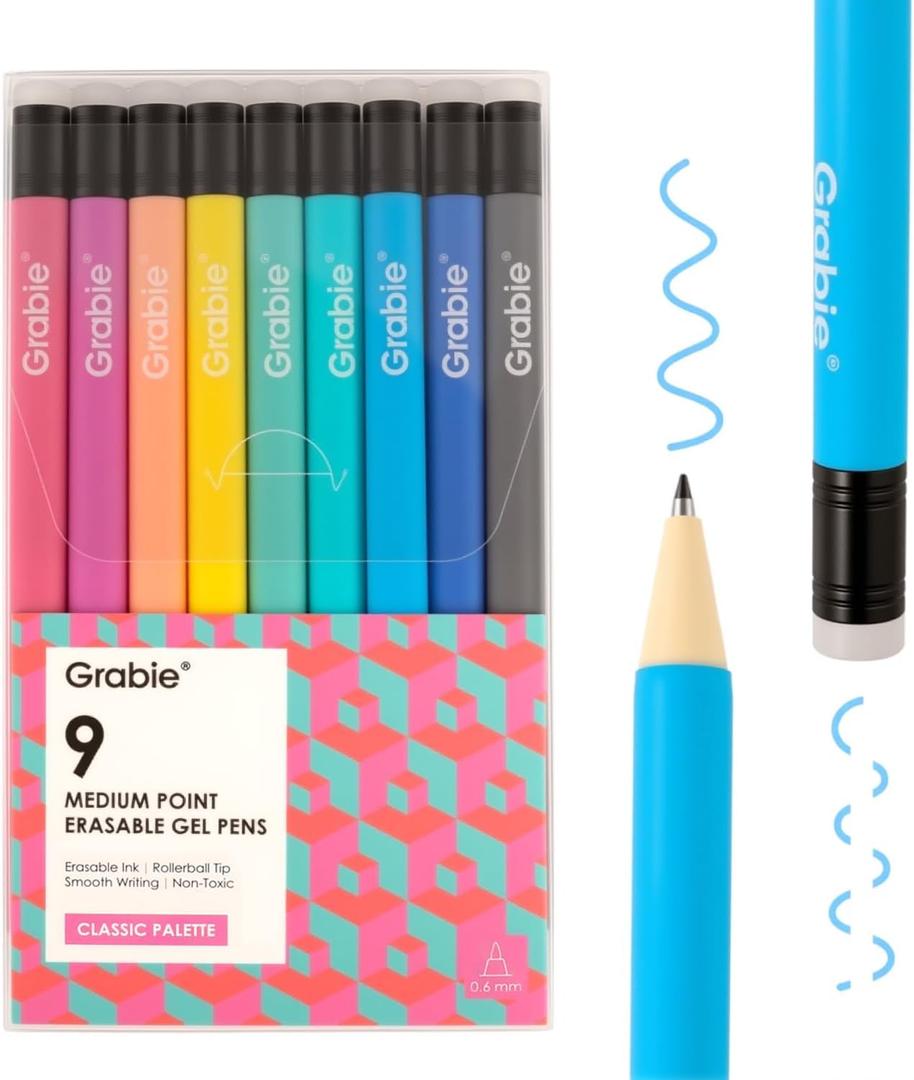 Grabie Erasable Gel Pens, 9 Colors Erasable Pens, Make Mistakes Disappear Colored Pens, Assorted Color Inks for Drawing Writing Planner,Gel Pens for Coloring