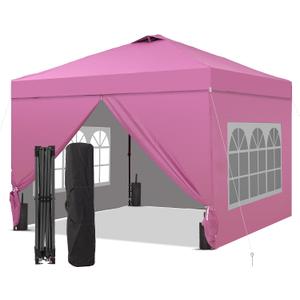 GDY 10x10 Pop Up Canopy Tent with 4 Sidewalls, Easy Set up with One Push Lift Outdoor Silver Coated Beach Gazebos, Carpas with 4 Sandbags, for Outdoor, Parties,Camping, Pink.