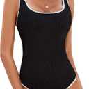 BMJL Women's One Piece Swimsuit Sports Adjustable Strap Bathing Suit Color Block Ribbed High Cut Swimsuits (X-Small, Black)