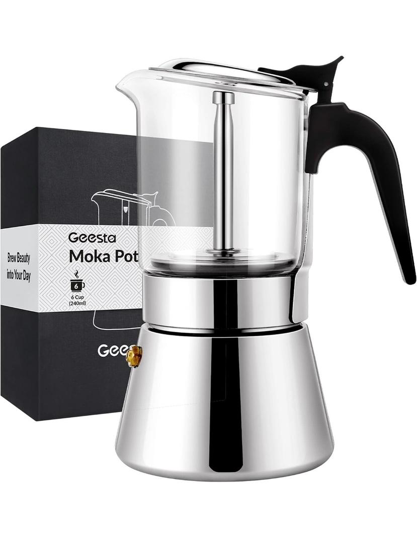 Geesta Premium Crystal Glass-Top Stovetop Espresso Moka Pot - 4/6/ 9 Cups - Stainless Steel Coffee Maker- 240ml/8.5oz/6 cup 