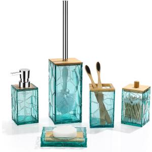 GAHEFY Teal Blue Beach Bathroom Accessories Set, Toothbrush Holder, Soap Dispenser, Cotton Swabs Holder, Soap Dish, Toilet Brush with Holder, Boho Bamboo Bathroom Decor,Acrylic (Teal)