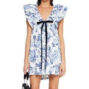 Womens Flower Bow Dress Deep V Neck Elegant Mini Dress Puffy Sleeve Boho Floral Bow Dress Flowy Dress
