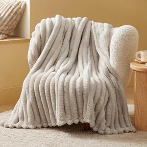 Bedsure Throw Blanket for Couch - Super Soft Cozy Blankets for Women, Cute Small Fleece Throws for Girls, Linen,50x60 Inches, Wider Striped Design (Throw (50" x 60"), Natural)