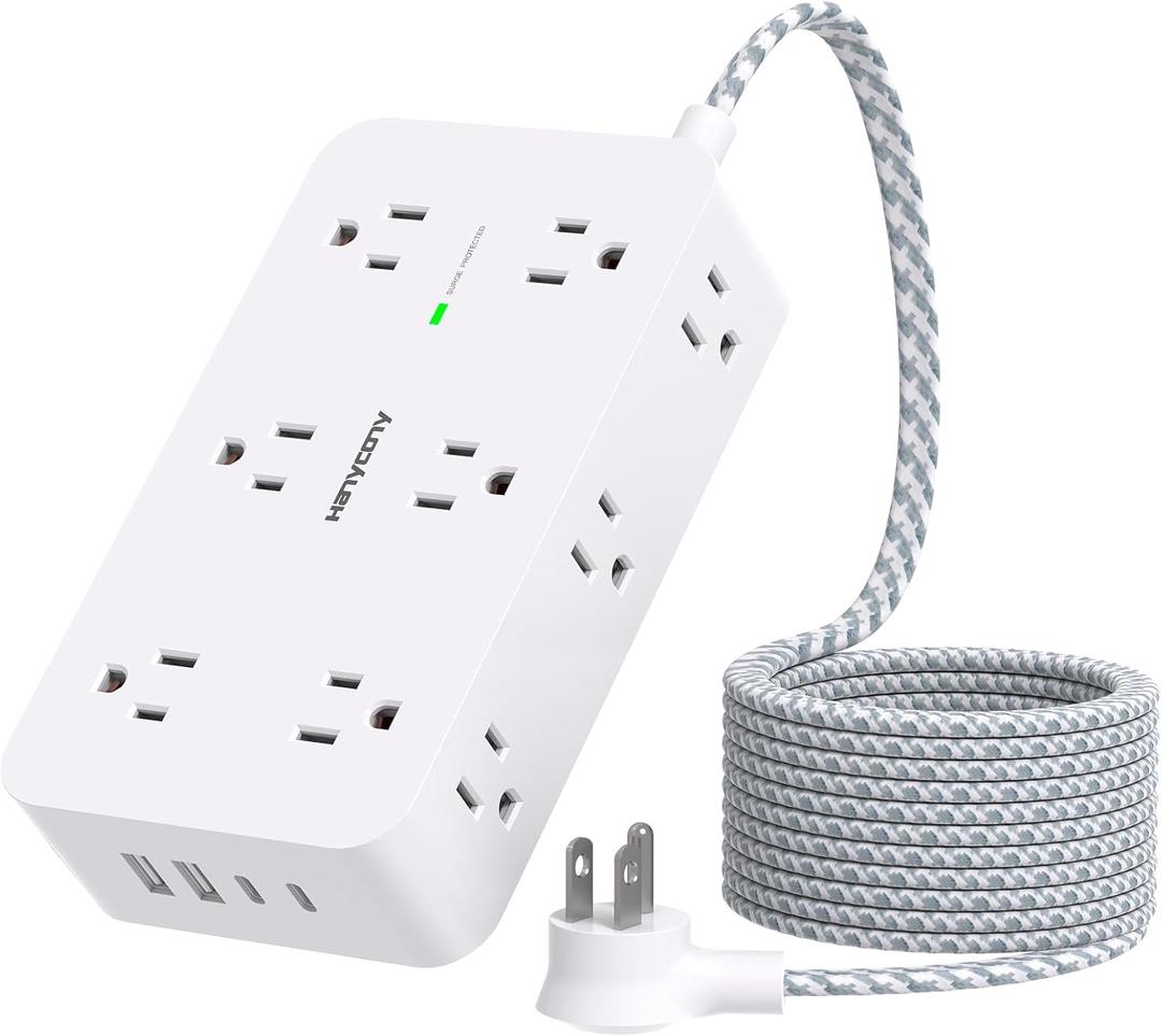 Power Strip Surge Protector, HANYCONY 12 Multiple Outlets 4 USB Ports (2 USB C), 5Ft Braided Extension Cord Flat Plug, Overload Surge Protection, Desk for Office Home College Dorm Room Essentials (White)