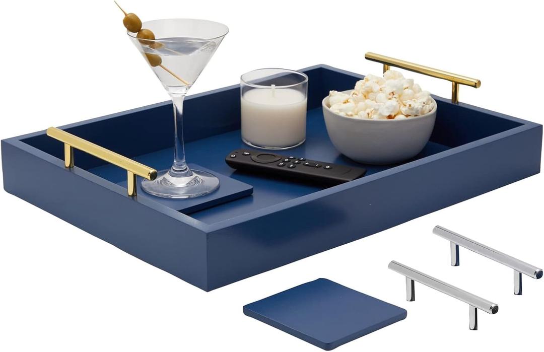 Juvale Coffee Table Tray - 15.7 x 11.8 x 3 in, Blue, Rustic Wood - Serving Tray with Interchangeable Gold & Silver Handles for Coffee Table Decor & Ottoman Use with 2 Coasters