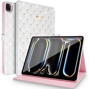 for iPad Pro 11Inch Case M5/M4 2025/2024 (6th/5th Generation),Cute Crown Bling Rhinestone Girly Elegant PU Leather Smart Auto Sleep/Wake Stand Protective Case for iPad Pro 11 2024/2025,White