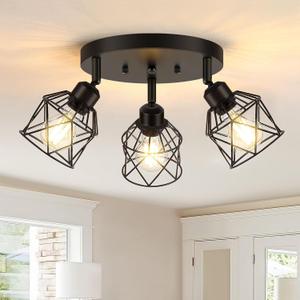3-Light Kitchen Flush Mount Ceiling Light, Adjustable Multi-Directional Ceiling Light Fixture, Farmhouse Black Metal Cage Close to Ceiling Lamp for Dining Room Bedroom Hallway