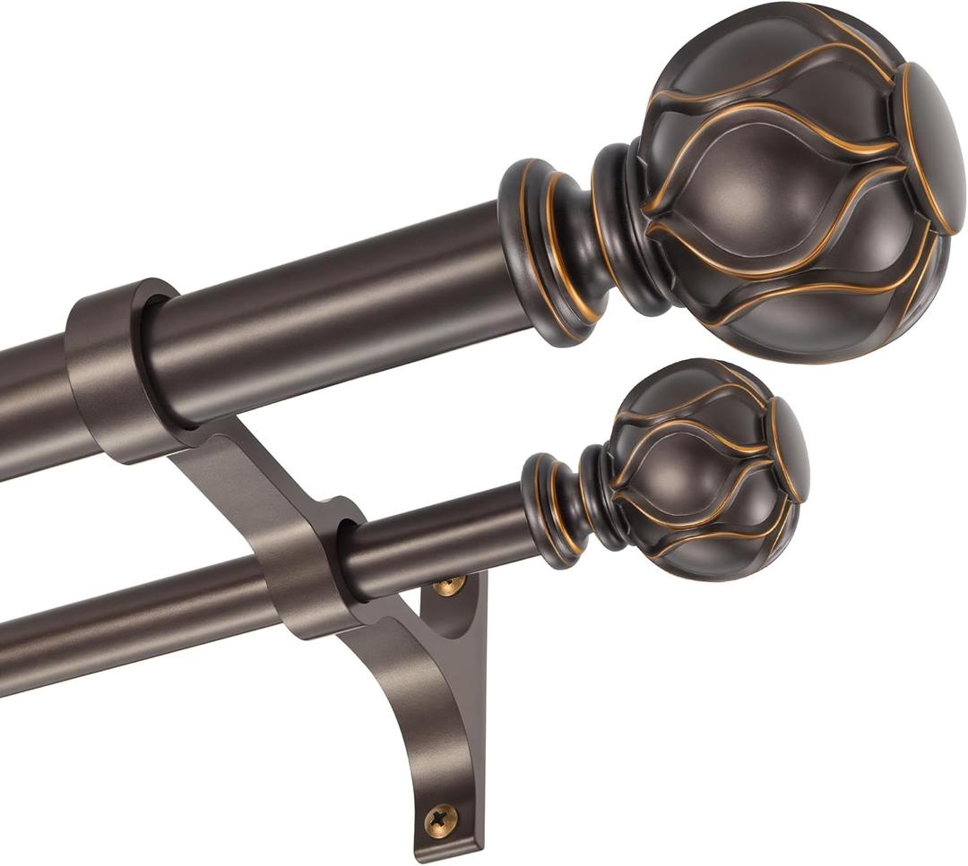 2 x Double Curtain Rods 36-72”(3-6 Feet) for Windows, Fumlyate 1 Inch Diameter Front and 5/8 Inch Back Drapery Rod with Solid Aluminum Brackets, Heavy Duty Telescoping Dual Curtains Poles, Dark Bronze