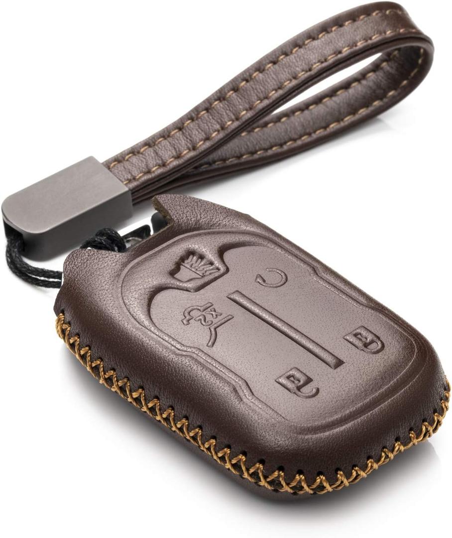 Vitodeco Genuine Leather Smart Key Fob Case with Leather Strap Compatible for GMC ACADIA, GMC TERRAIN (2017-2025 Models) - 5-Button, Brown