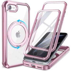 KPV for iPhone SE 2022/3rd/2020/2rd/8/7 Case,3in1/Compatible with MagSafe/with 2X Front Case Protection/Invisible Magnetic Ring Metal Stand/Shockproof Military-Grade Protection(V-Rose Gold,iPhone SE)