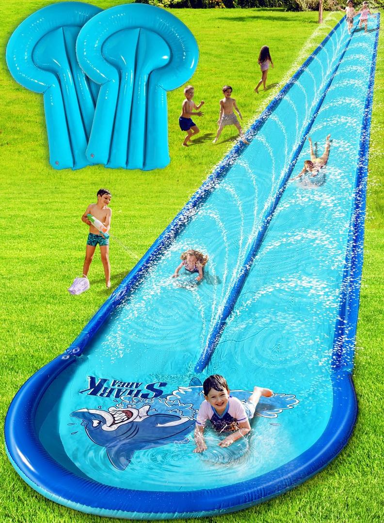 Slip and Water Slide for Kids and Adults Backyard 32ft with Extra-Large Inflatable Guard Rails and Dual Way Water Sprayers,Heavy Duty and Extra Long Design with Two Inflatable Bodyboards.