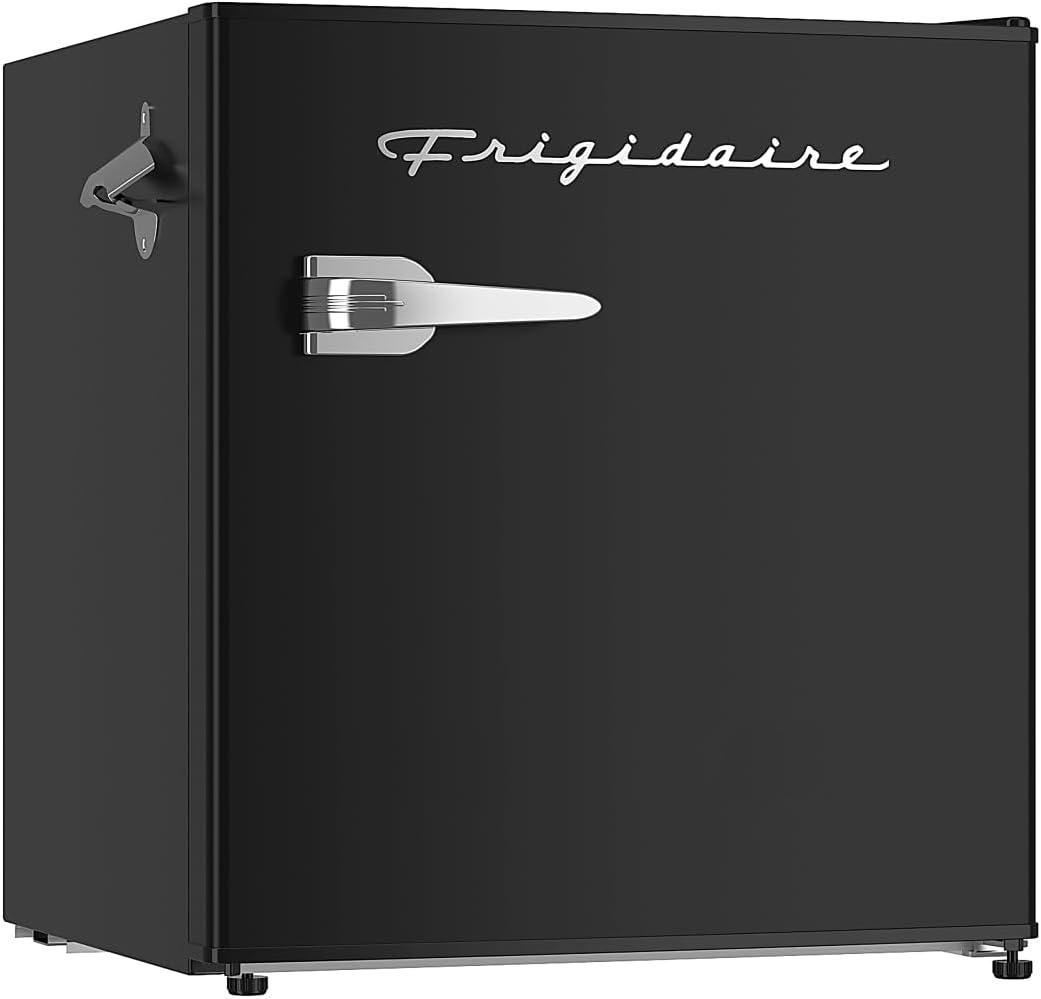 Frigidaire Retro Compact Fridge with Chiller, Countertop, Built-in Bottle Opener, Compact Refrigerator 1.6 cu ft, Mini Fridge for Office, Bedroom, Dorm Room or Cabin - 16" D x 18" W x 18.5" H (Black)