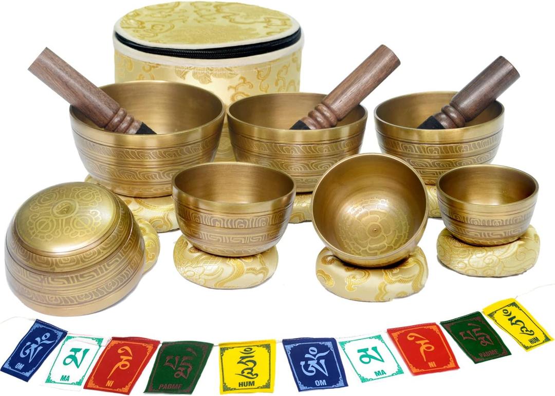 Tibetan Singing Bowl Set of 7 Himalayan Bowl Vajra Engraved Chakra bowl Authentic 7 metals Handmade in Nepal for Yoga, Chakra healing, Deep Relaxation Mindfulness
