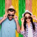4 Pack Hawaiian Party Decorations, 3.28 FT x 7.05 FT Hawaii Tinsel Backdrop, Green Brown Yellow Foil Curtains Fringe Backdrop Party Streamer, Metallic Summer Decor Luau Party Decorations
