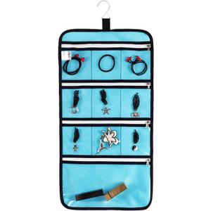 Hanging Jewelry Organizer with 10 Zippered Clear Pockets for Travel Suitcase and Home Closet Jewelry Storage Bag (BLUE)