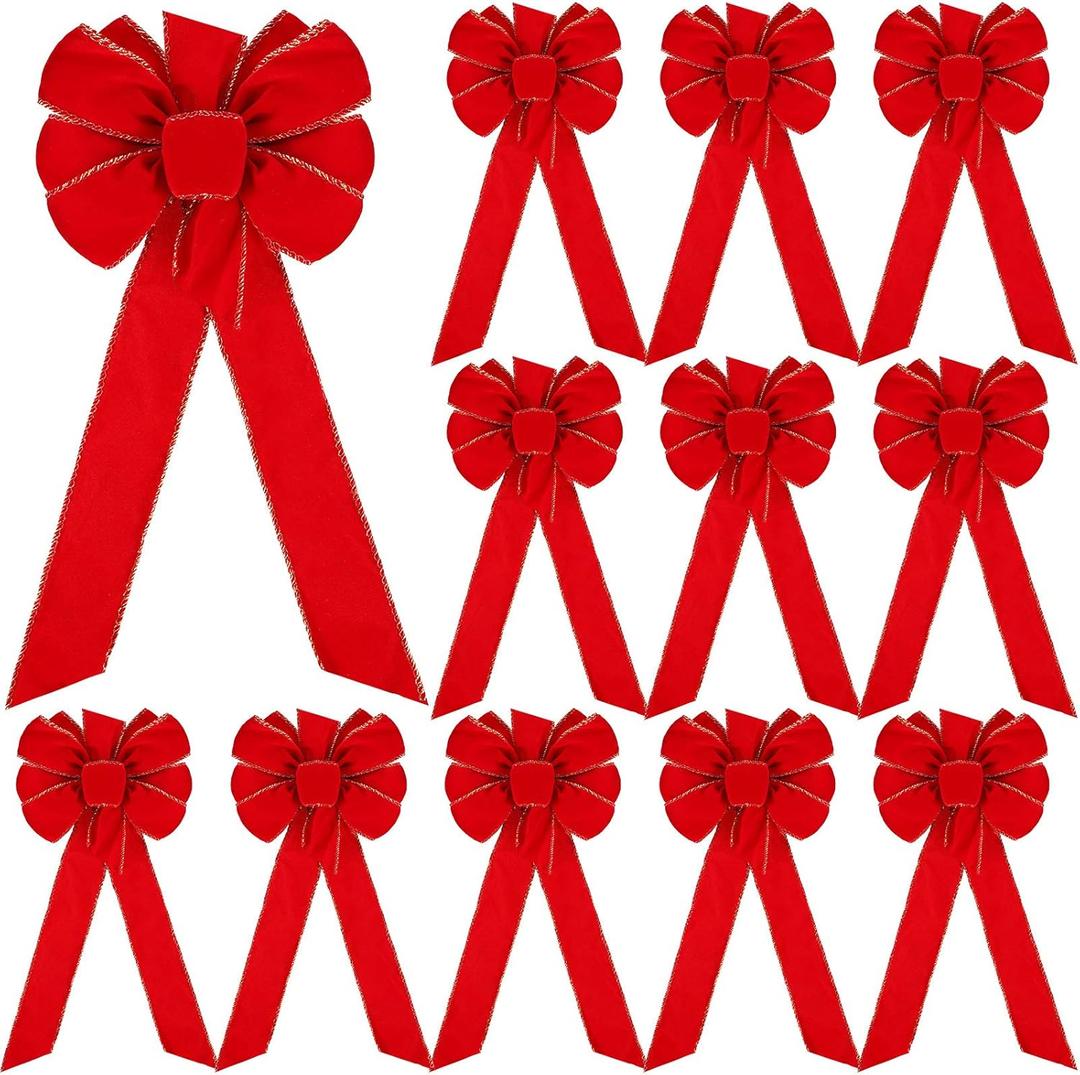 WILLBOND 12 Pieces Velvet Christmas Red Bows Gold Wired Edge Ribbon Christmas Wreath Ornament Bows for Xmas Tree Wreath Fence Stairs Railing Fireplace Home Indoor Outdoor Front Door Decorations