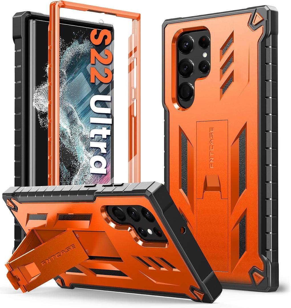 FNTCASE for Samsung Galaxy S22 Ultra Case: Built-in Screen Protector&Kickstand Full-Body Dual Layer Rugged Military Grade Shockproof Protection Heavy Duty Protective Phone Cover 5G-Orange