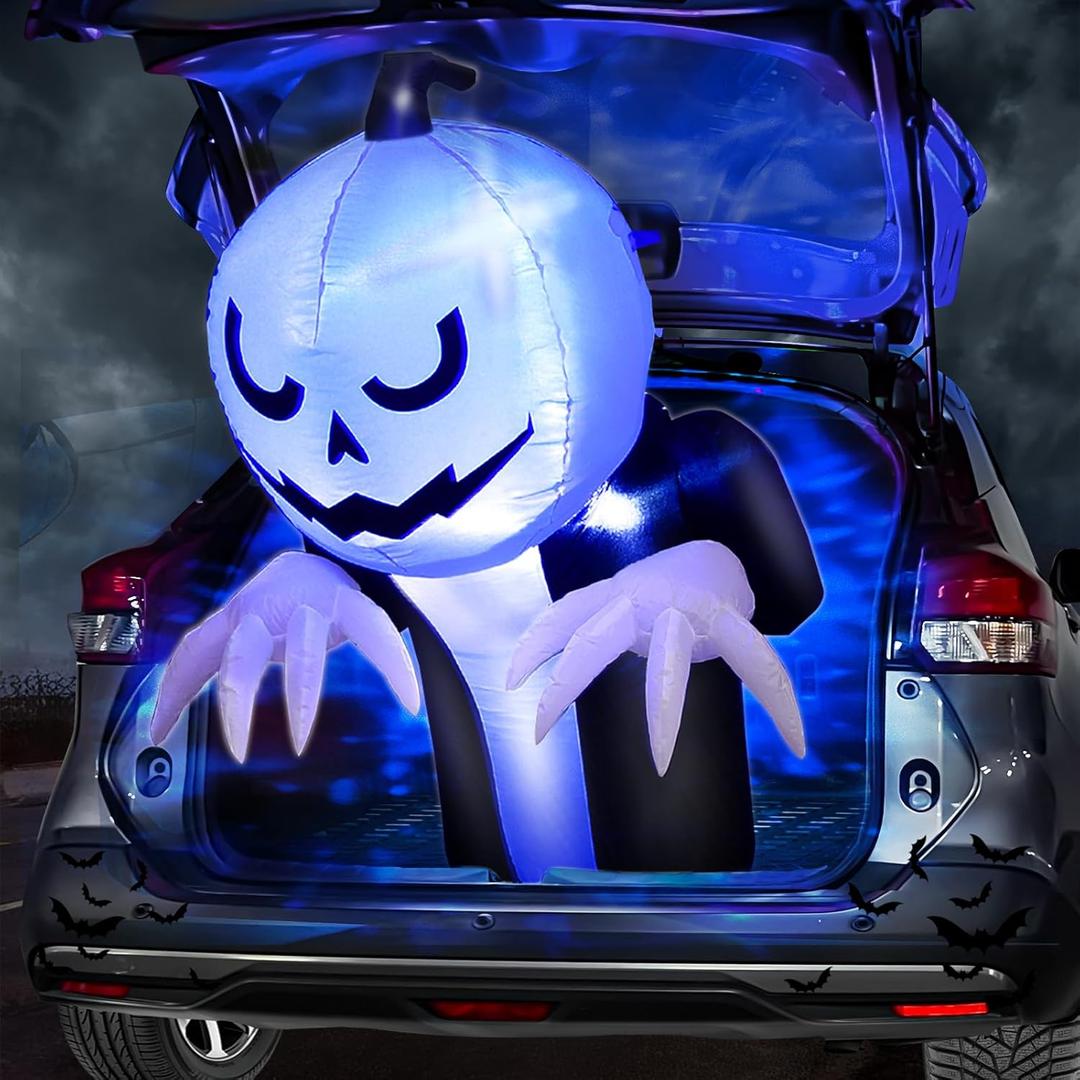 3.6 Ft Halloween Trunk or Treat Pumpkin Ghost Inflatable Car Decorations with Rotating Blue Lights Blow Up Halloween Car Decoration Outdoor Garden Lawn Yard Decor