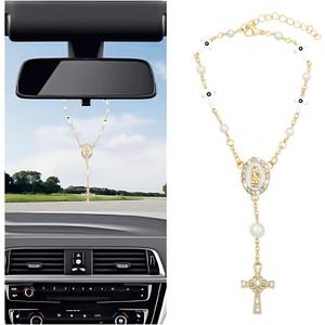 Bling Car Rosary for Rearview Mirror, Evil Eye Bead Cross Crystal Rhinestone Vehicle Rearview Mirror Pendant, Automotive Interior Decorative Charm, Universal for Sedan RV Truck (White)