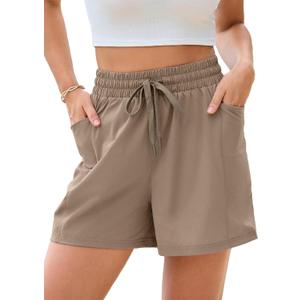 Dokotoo Women's Athletic Shorts High Waisted Running Shorts Quick Dry Daily Casual Comfy Drawstring Shorts Pocket Camel Small