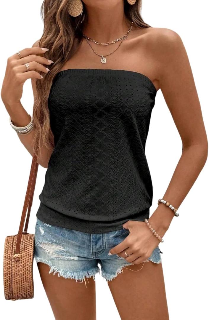 ZAFUL Women Satin Strapless Tube Tops Side Split Sleeveless Backless Bandeau Top Going Out Bustier Tops Silk Tank Top, XL (Black)