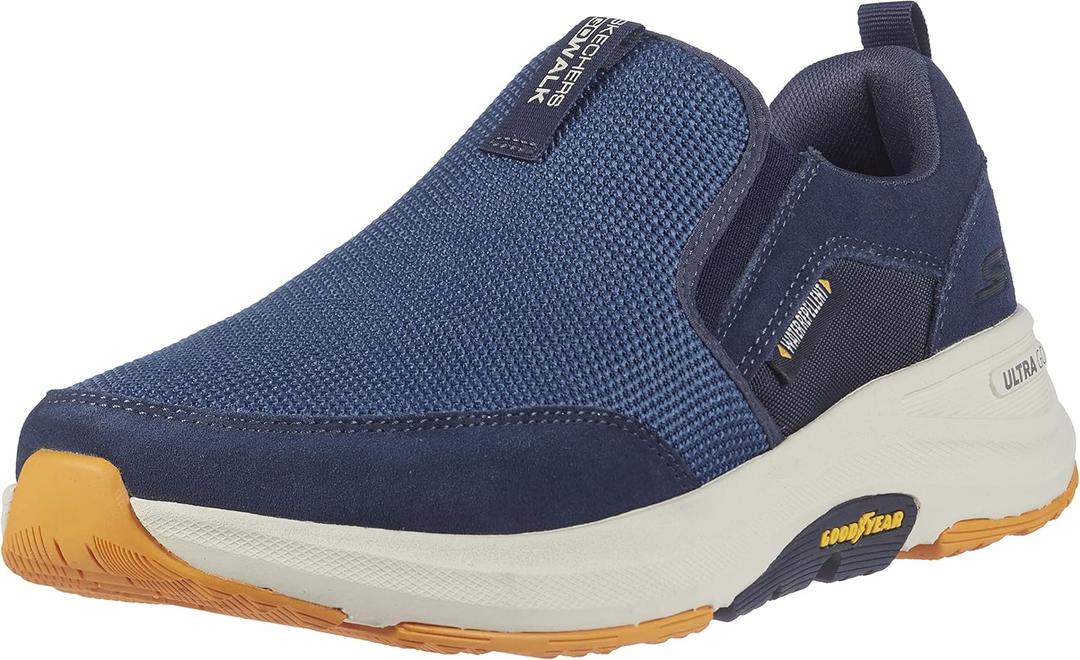 Skechers Men's Go Walk Outdoor-Athletic Slip-on Trail Hiking Shoes with Air Cooled Memory Foam Sneaker (12.5, Navy/Yellow)