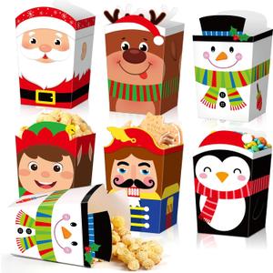 Zhanmai 60 Pcs Christmas Popcorn Boxes Christmas Treat Candy Boxes Xmas Reindeer Snowman Santa Claus Elf Paper Party Favor for Xmas Popcorn Cookie Goodie Gift Supplies Decor, 6 Designs