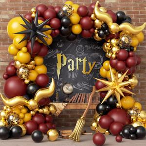 144pcs Magical Wizard Balloons Arch Kit, Burgundy Mustard Yellow Black Metallic Gold Confetti Balloons S-Shaped Balloons 260 Balloons for Magic Themed Birthday Baby Shower Party Decorations