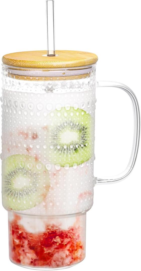 32oz Glass Cup with Lid and Straw, Embossed Beaded Glass Tumbler with Handle Bamboo Lid and Straw for Whiskey Cocktail Beer, Iced Coffee, Hot/Cold Drinks
