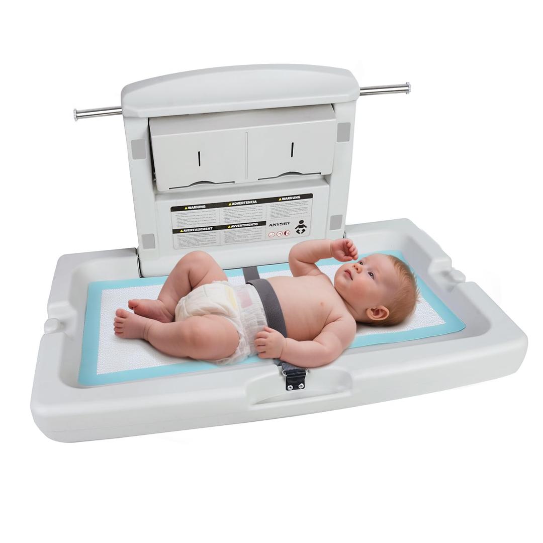 anydry Baby Changing Station Wall-Mounted, Foldable Diaper Changing Table with Safety Straps for Commercial Bathroom, in Elegant Grayish White