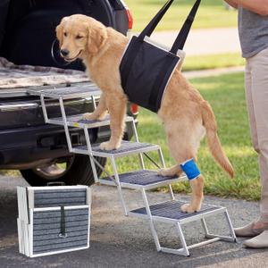 Veehoo Extra Wide Dog Steps for Car SUV Truck Foldable, 5 Steps Portable Aluminum Dog Stairs for Injured Senior Large Dogs 20" Wide, Heavy Duty Pet Ramp Ladder with Non Slip Surface, up to 170lbs