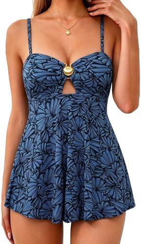 DaiLiWei Tankini Swimsuits for Women Bandeau Strapless 2 Piece Bathing Suit Tops Tummy Control High Waisted Flowy Swim Suits, Medium