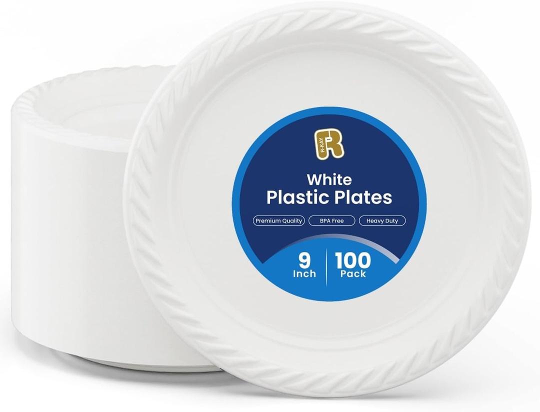 R-kay 100 Pack 9 Inch Plastic Plates Disposable - Heavy Duty 9 Inch White Disposable Plates - Microwavable Disposable Plastic Plates
