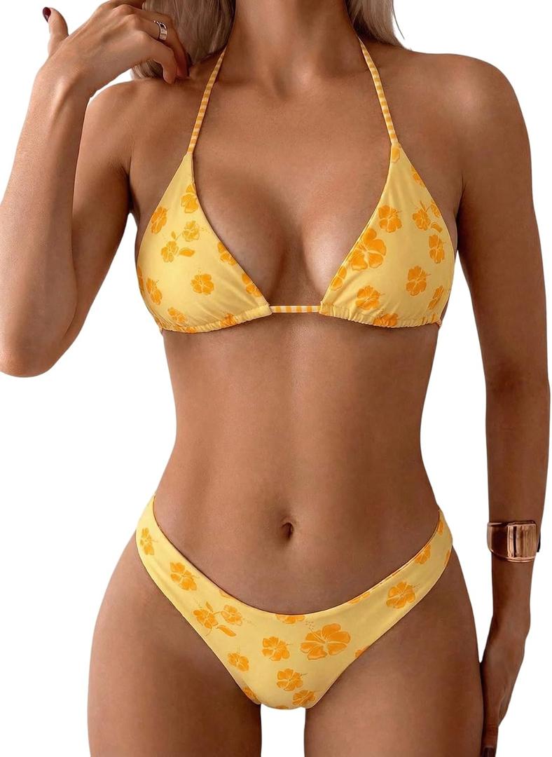 MakeMeChic Women's Polka Dots Triangle Thong Bikini Sets Floral Cute Bathing Suit Swimsuits, X-small, Yellow