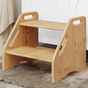 AMBIRD Wooden Step Stool, Two Step Stools Toddler 300 lbs Capacity with Safety Non-Slip Pads and Handles, Bamboo Step Stool for Bathroom, Kitchen Dual Height Step Stools for Kids (Natural) (13.2'' H)