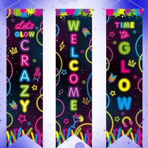 Chiisong 3 Pcs Neon Banner Party Decorations Let's Glow Banner Glow in the Dark Porch Sign Welcome Birthday Porch Sign for Neon Birthday Party Supplies Club Halloween Classroom Decorations