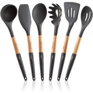 Silicone Cooking Utensils Set 6 Piece Heat Resistant up to 480F, BPA Free & Non-Scratch Kitchen Tools with Natural Wood Handles, Dark Gray