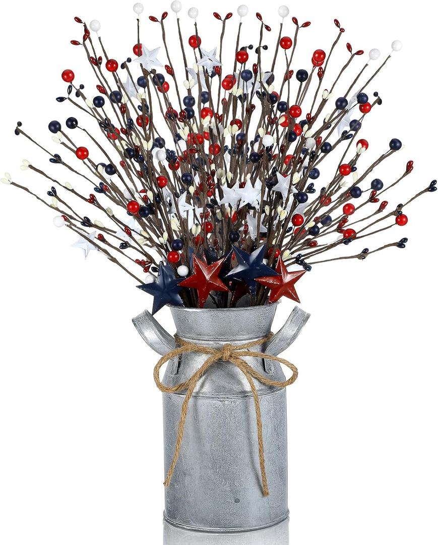 Frienda 3 Pcs 4th of July Patriotic Berry Table Artificial Tree with 1 Pcs Base, 250th Independence Day Anniversary Berry and Star Table Tree Red White Blue Branches Decor for Farmhouse Centerpiece