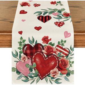 Artoid Mode Red Roses Flowers Eucalyptus Valentine's Table Runner, Wedding Kitchen Dining Table Decoration for Home Party Decor 13x72 Inch