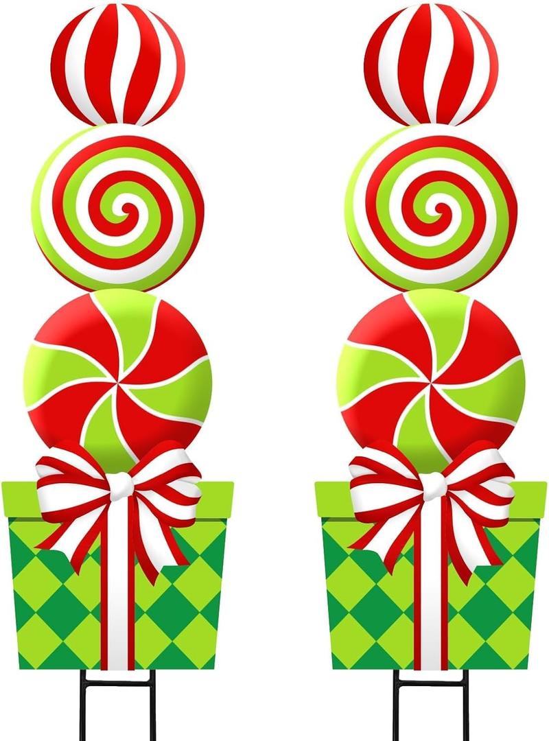 Grinchmas Christmas Decorations Outdoor, 2pcs Large Lollipop Peppermint Candy Gift Metal Yard Signs Xmas Decor, 43" Colorful Ornaments Lawn Stakes for Front Door Garden Home Farmhouse Outside Party