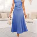 Dokotoo Women's 2 Piece Summer Outfits Casual Crewneck Short Sleeve Ruched Knit Tops Elastic Waist A-Line Midi Skirt Set (Blue, S)